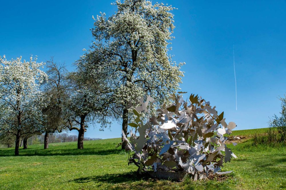 Skulptur mit Apfelbäumen im Hintergrund